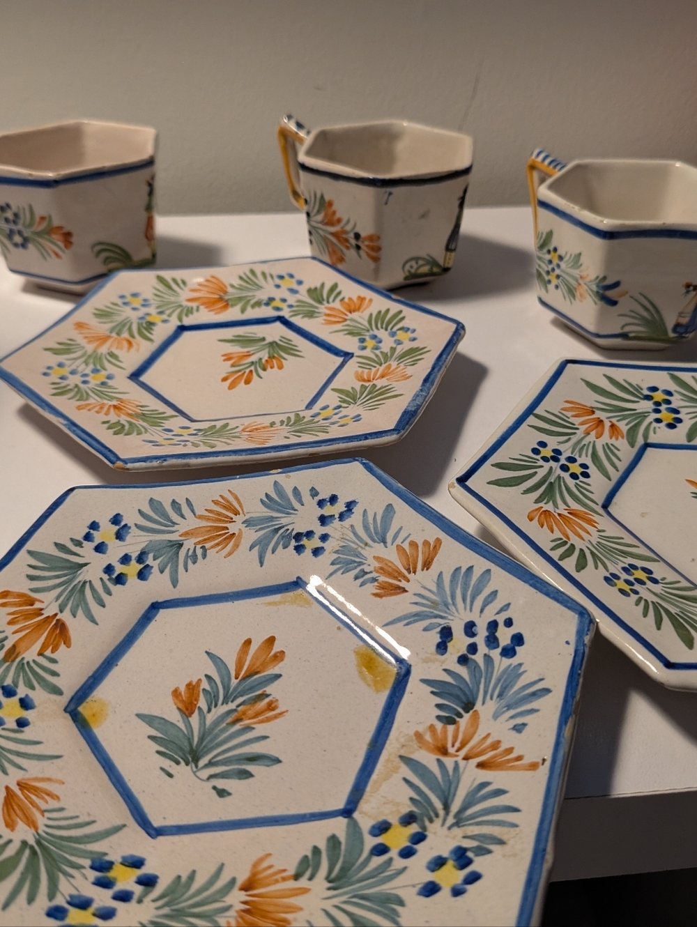 Henriot Quimper France Hexagonal Espresso Set – 2 Cups & 2 Saucers – Breton Folk - Picture 12 of 16